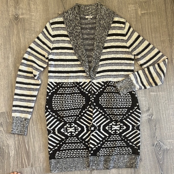 ECOTE Open Front Cardigan Black, Cream & Grey Patterned Size M - Picture 11 of 15